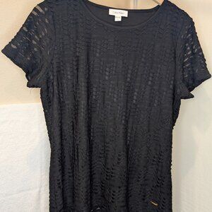 Calvin Klein Black Textured Lace Blouse Women's Large Elegant Casual Top